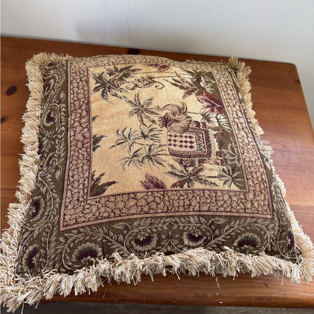 Vintage Tapestry Throw Pillow with Fringe